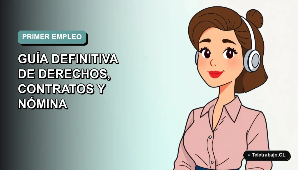 Guía ilustrada de derechos laborales para primer empleo en Chile, con trabajadora de estilo vectorial moderno.