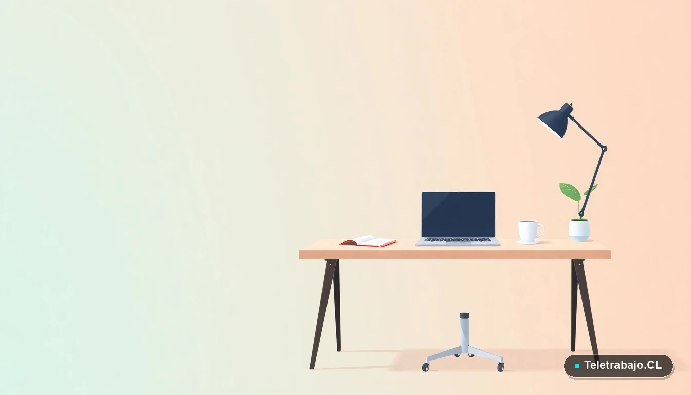 Escritorio moderno minimalista con laptop, café y planta, ilustración vectorial plana para artículo sobre primer empleo.