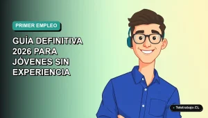Ilustración plana corporativa de un joven profesional chileno sonriente, con camisa azul y lentes, sobre un fondo degradado verde azulado. Espacio negativo a la izquierda.