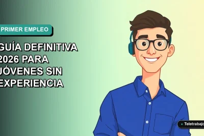 Ilustración plana corporativa de un joven profesional chileno sonriente, con camisa azul y lentes, sobre un fondo degradado verde azulado. Espacio negativo a la izquierda.