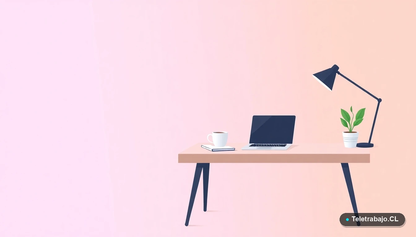 Escritorio moderno minimalista con laptop, cuaderno, taza de café y una planta suculenta, ilustrado en estilo vectorial plano, sobre un fondo degradado lila y durazno. Concepto de espacio de trabajo limpio.