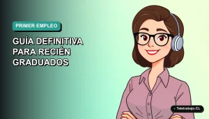 Joven profesional chilena sonriente, ilustración vectorial plana estilo Corporate Memphis, con fondo degradado azul verdoso, para guía de primer empleo.