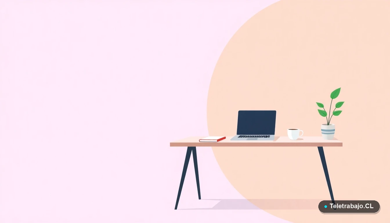 Escritorio moderno minimalista con laptop, cuaderno y café, ilustración vectorial plana con fondo degradado lila y durazno, concepto de espacio de trabajo.