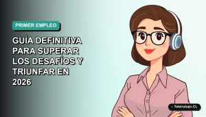 Joven profesional chilena sonriente, ilustración plana estilo Corporate Memphis, con fondo degradado azul verdoso, para guía de primer trabajo.