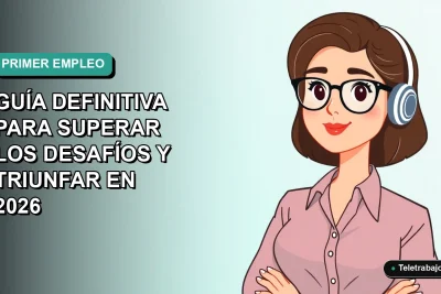 Joven profesional chilena sonriente, ilustración plana estilo Corporate Memphis, con fondo degradado azul verdoso, para guía de primer trabajo.