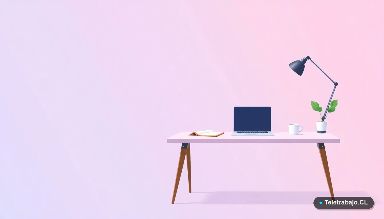 Escritorio moderno minimalista para teletrabajo, con laptop, cuaderno y planta, ilustración plana estilo startup tech, fondo degradado lila.