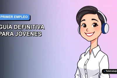 Joven profesional mujer feliz con camisa blanca, ilustración vectorial plana estilo Corporativo Memphis, sobre fondo degradado azul y lila. Espacio negativo a la izquierda.