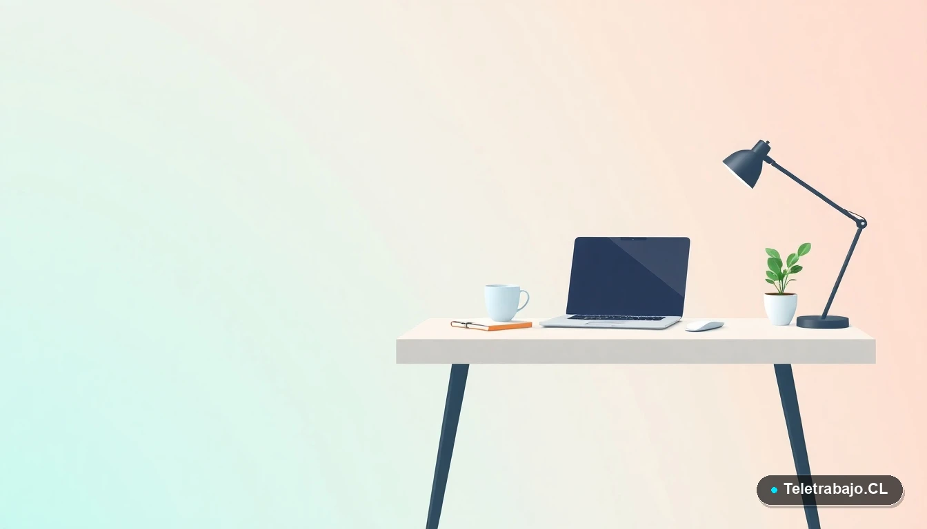 Escritorio moderno vacío con laptop, cuaderno y taza de café, ilustración vectorial plana sobre fondo degradado menta y verde azulado. Concepto de espacio de trabajo preparado.