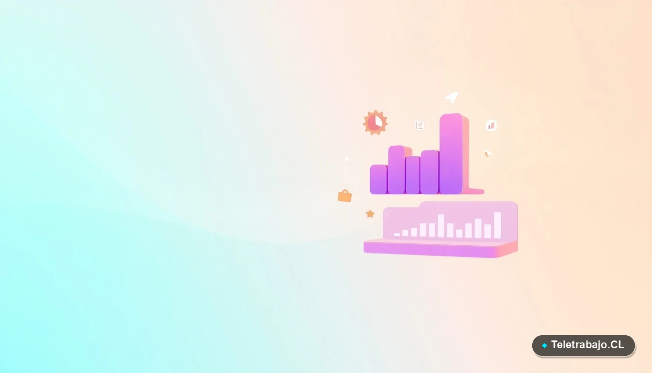 Elementos de interfaz de usuario abstractos: gráficos, engranajes y carpetas flotantes en tonos lavanda y durazno, sobre fondo degradado verde menta.