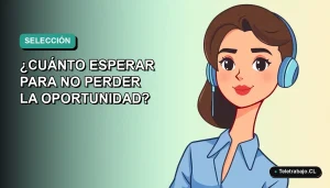 Ilustración plana corporativa de una mujer profesional chilena con blusa azul, mirando con expectativa durante un proceso de selección laboral, fondo degradado verde agua.