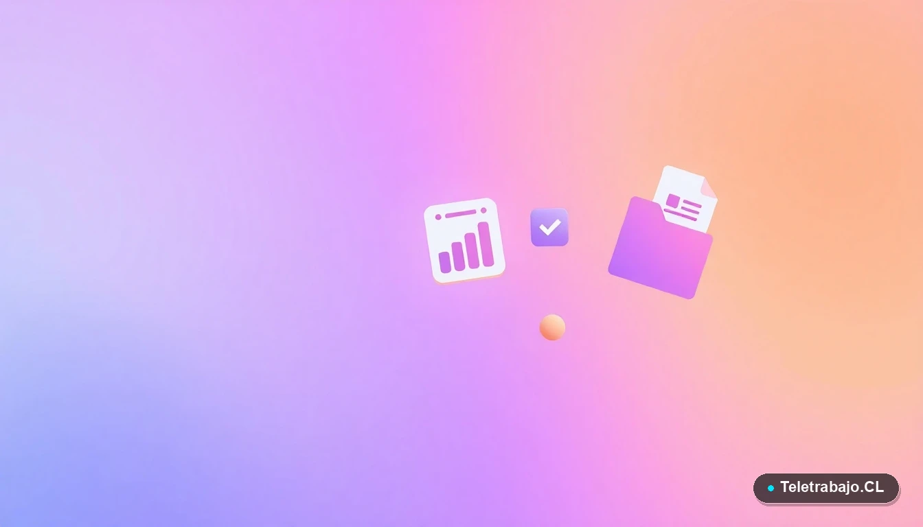 Iconos abstractos de interfaz de usuario con calendario, gráfico de barras y carpeta, representando las etapas y el tiempo de un proceso de selección laboral en Chile.