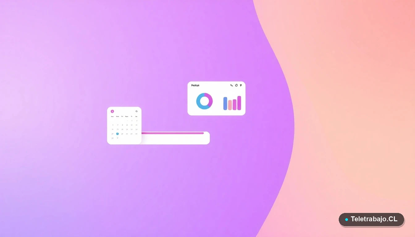 Ilustración vectorial abstracta de elementos de UI tecnológica: un calendario alargado, un gráfico y un reloj, flotando sobre un fondo degradado vacío de lavanda a durazno, simbolizando la gestión del tiempo.
