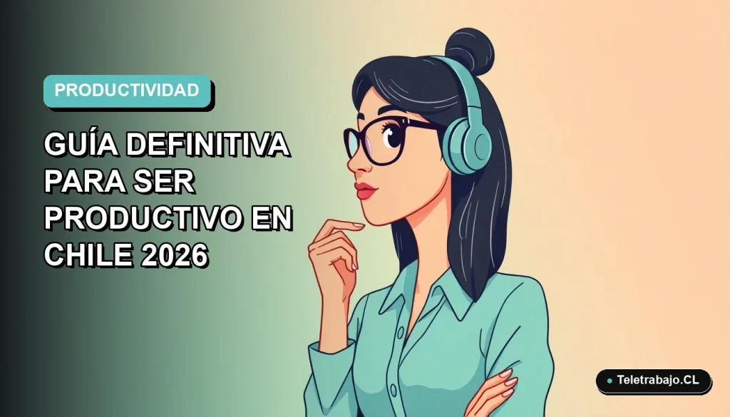 Ilustración plana vectorial de una mujer profesional chilena teletrabajando, con expresión pensativa, sobre un fondo degradado azul verdoso. Estilo corporativo moderno.