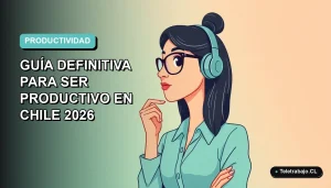 Ilustración plana vectorial de una mujer profesional chilena teletrabajando, con expresión pensativa, sobre un fondo degradado azul verdoso. Estilo corporativo moderno.