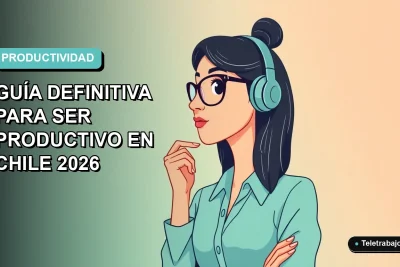 Ilustración plana vectorial de una mujer profesional chilena teletrabajando, con expresión pensativa, sobre un fondo degradado azul verdoso. Estilo corporativo moderno.