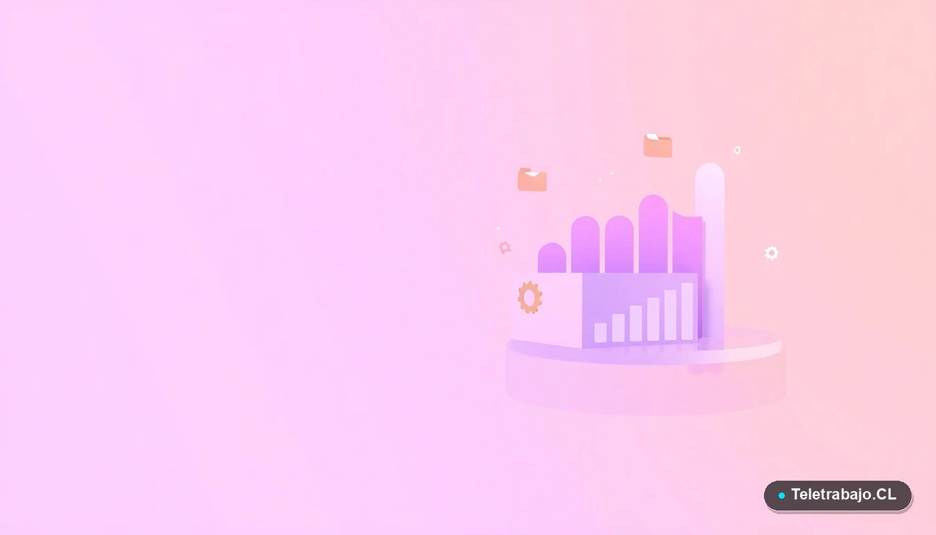 Elementos de interfaz de usuario abstractos y coloridos, como gráficos y engranajes flotantes, representando productividad y tecnología. Fondo degradado lila.