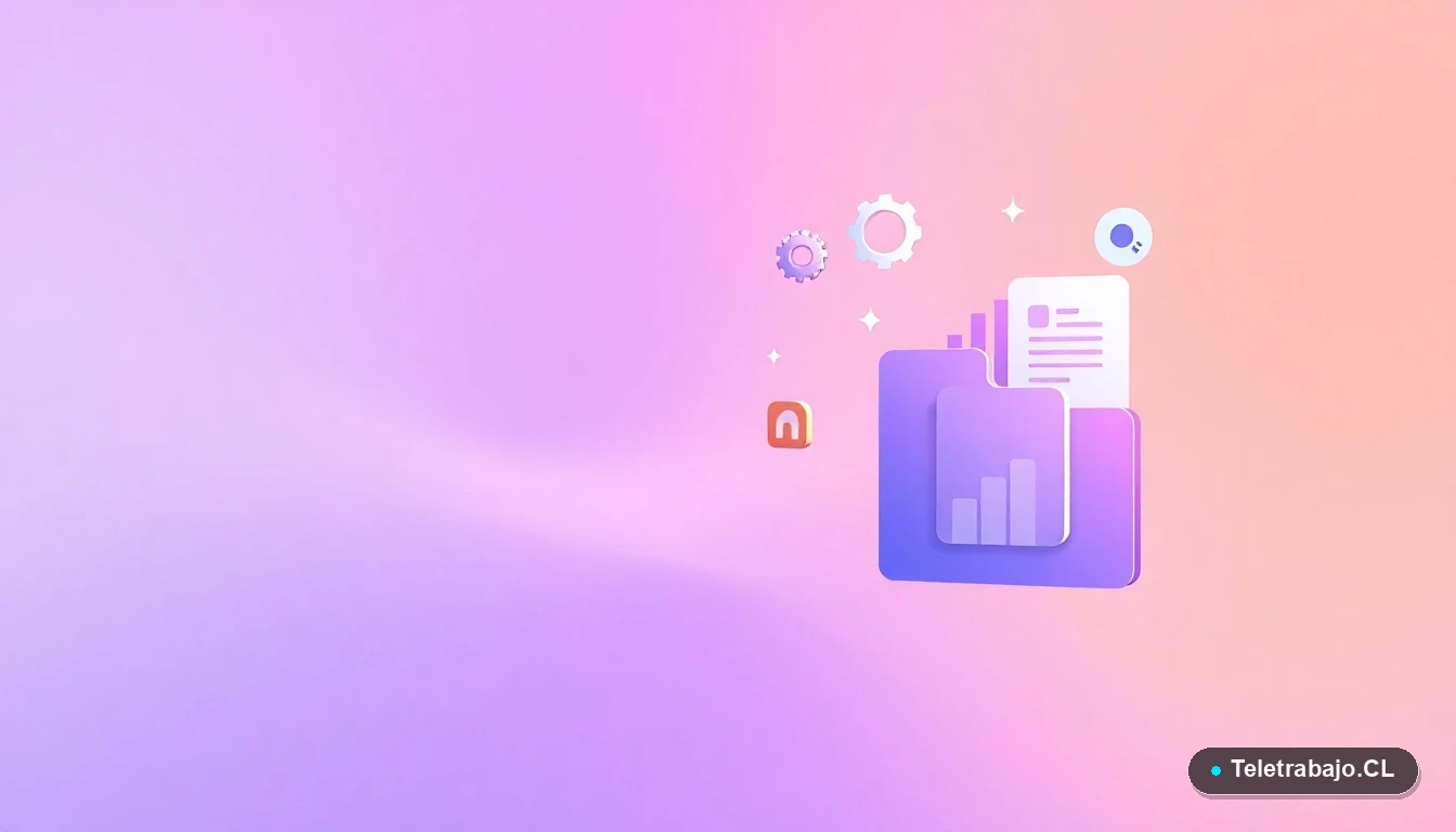 Elementos de interfaz de usuario abstractos y modernos, como gráficos y engranajes flotantes, representando productividad digital, sobre fondo lavanda.