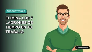 Ilustración vectorial plana de un trabajador remoto chileno sonriendo, con fondo degradado azul verdoso, representando la productividad laboral en 2026.