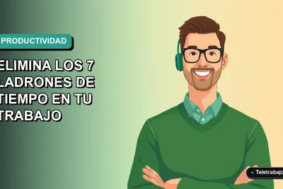 Ilustración vectorial plana de un trabajador remoto chileno sonriendo, con fondo degradado azul verdoso, representando la productividad laboral en 2026.