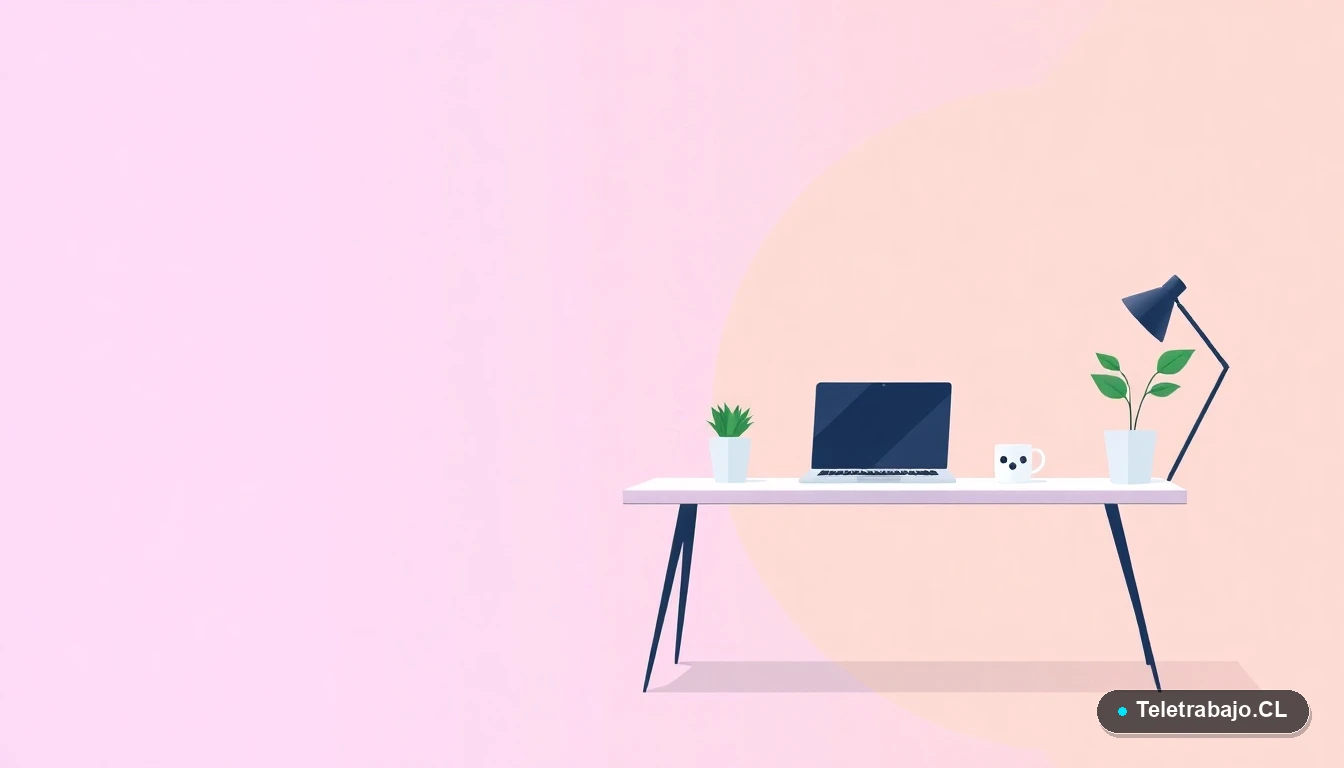 Escritorio moderno minimalista para teletrabajo con laptop, planta y taza de café, sobre fondo degradado lavanda, concepto de espacio de trabajo productivo.