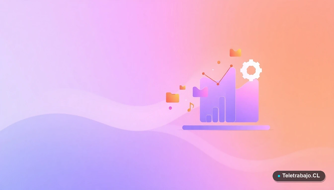 Composición abstracta de interfaz de usuario tecnológica con gráficos flotantes, engranajes y carpetas en colores lavanda y durazno, sobre fondo con gradiente verde menta.