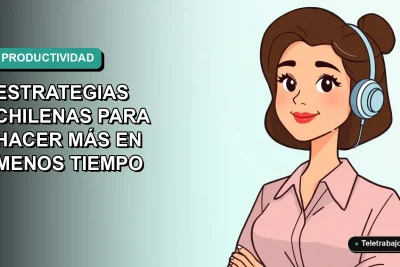 Ilustración plana corporativa de mujer chilena trabajando remotamente con fondo degradado azul verdoso, concepto de productividad digital.