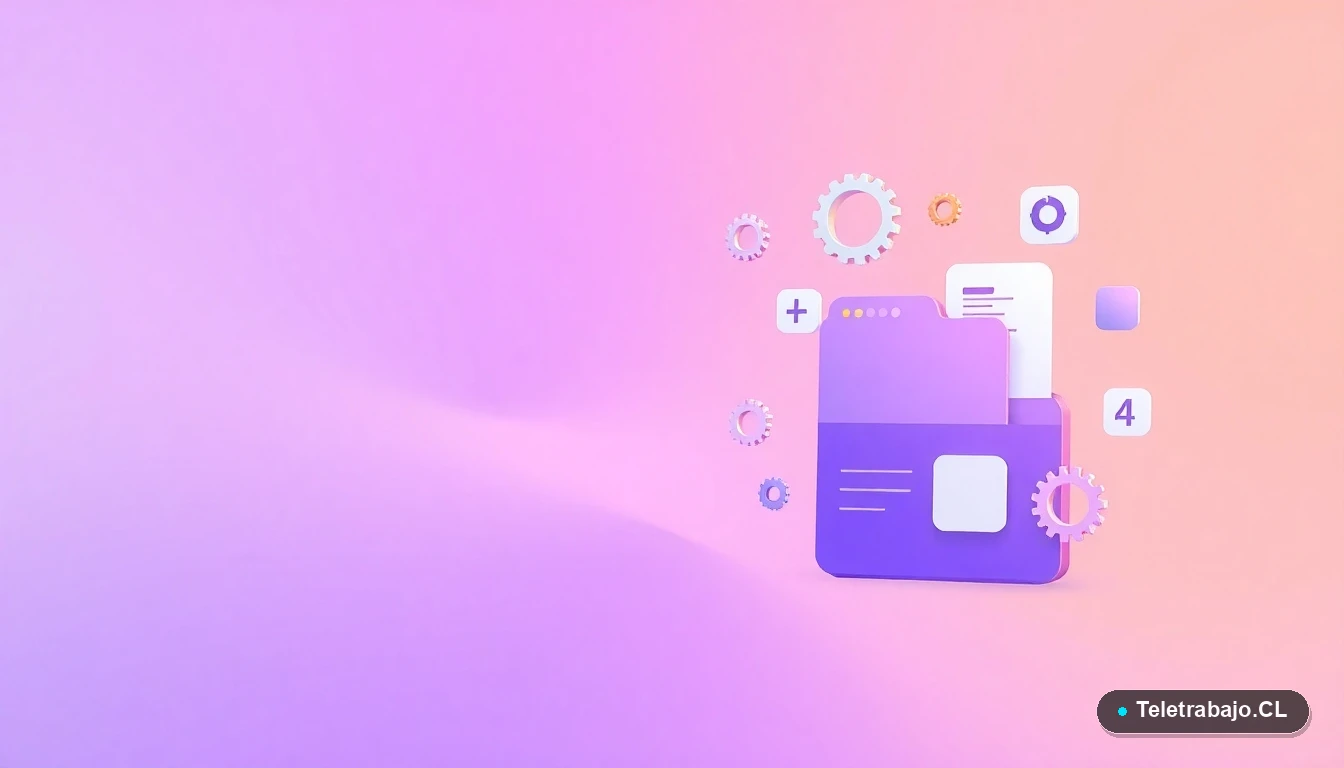 Composición abstracta de interfaz de usuario con gráficos y iconos flotantes sobre fondo degradado lila, representando herramientas de productividad digital.