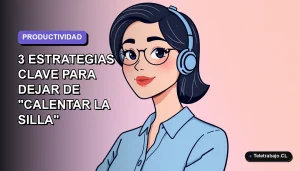Ilustración plana corporativa de una mujer profesional chilena con blusa azul y pelo corto, sobre fondo degradado lavanda suave, concepto de productividad laboral 2026.