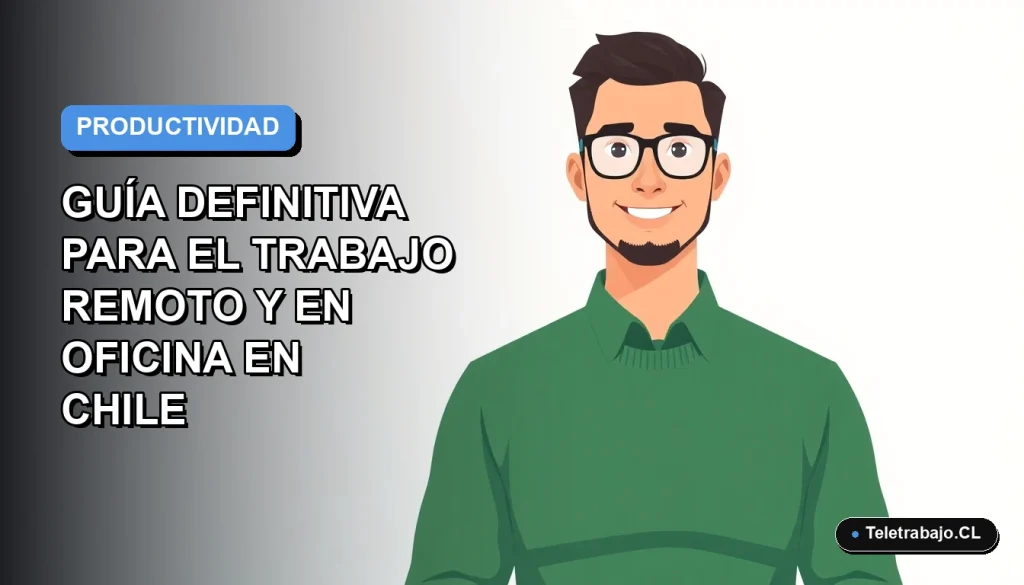 Ilustración vectorial plana de un trabajador remoto masculino con suéter verde, sobre fondo degradado azul y blanco, representando la guía de trabajo remoto y en oficina en Chile.
