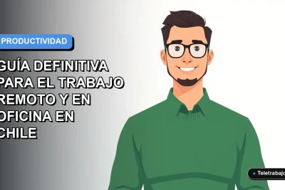 Ilustración vectorial plana de un trabajador remoto masculino con suéter verde, sobre fondo degradado azul y blanco, representando la guía de trabajo remoto y en oficina en Chile.