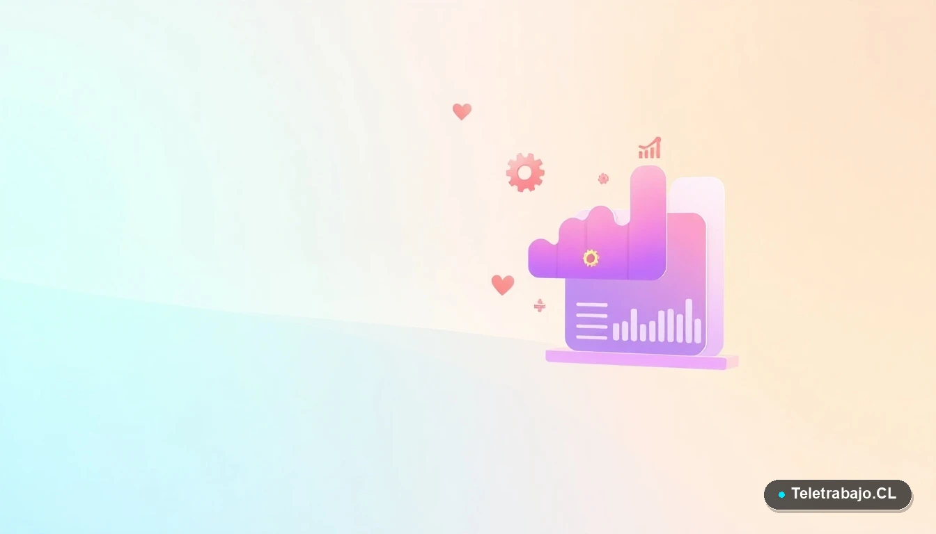 Elementos de interfaz de usuario abstractos y modernos, como gráficos y engranajes flotantes en colores lavanda y durazno, sobre fondo degradado verde menta, concepto de productividad tecnológica.