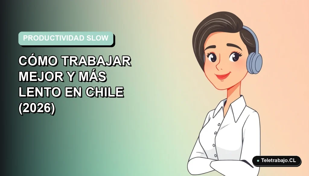 Ilustración vectorial plana de mujer profesional chilena con blusa blanca y peinado moderno, en fondo degradado suave, representando productividad slow y trabajo remoto consciente.