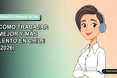 Ilustración vectorial plana de mujer profesional chilena con blusa blanca y peinado moderno, en fondo degradado suave, representando productividad slow y trabajo remoto consciente.