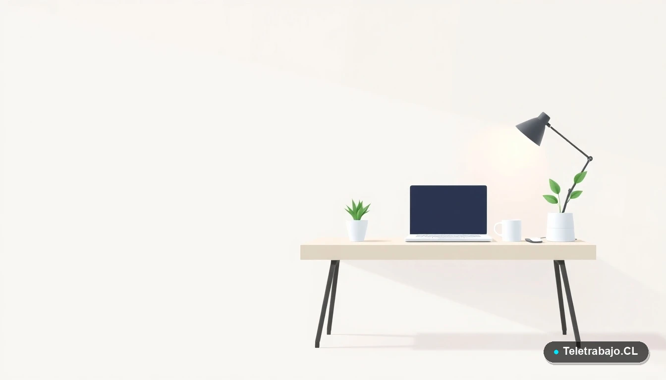 Escritorio minimalista moderno vacío con laptop, taza de café y planta, en estilo ilustración vectorial plana, sobre fondo degradado frío. Concepto de espacio de trabajo slow y despejado.