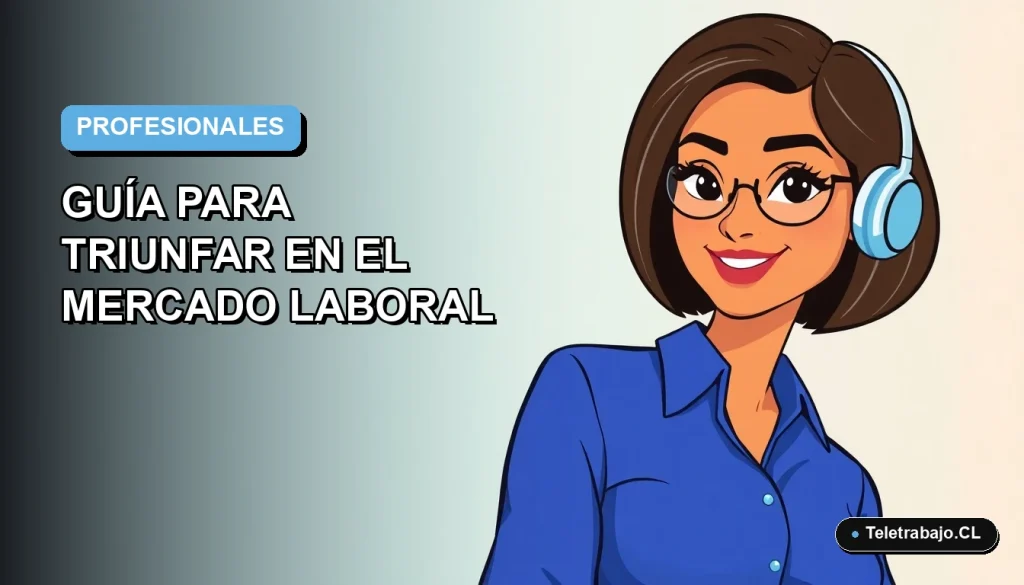Ilustración plana vectorial de una mujer profesional chilena con blusa azul y corte bob, representando a los profesionales más demandados en el mercado laboral de Chile 2026, sobre fondo degradado azul y blanco.