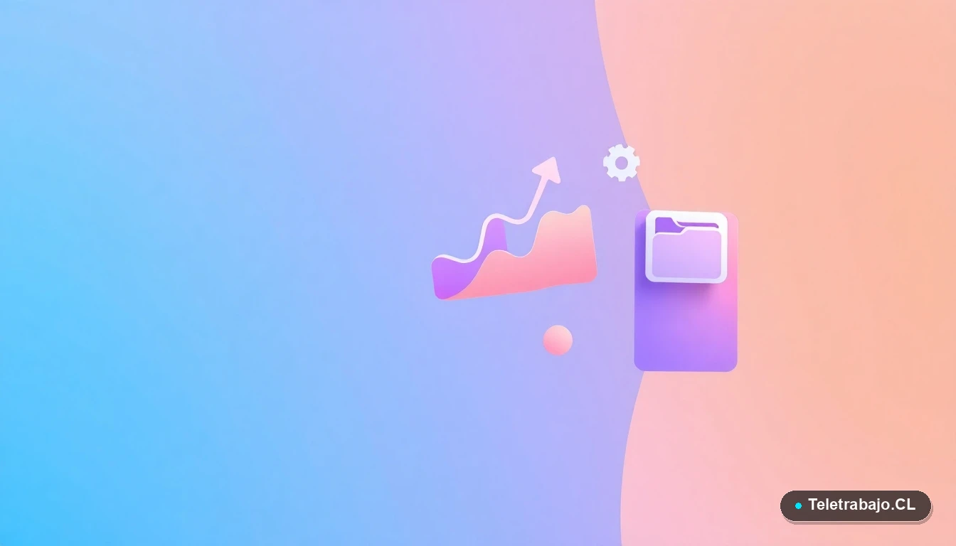 Elementos abstractos de interfaz de usuario tecnológica con gráficos y engranajes en colores lavanda y durazno, representando el crecimiento profesional, sobre fondo degradado de menta y verde azulado.