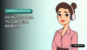 Ilustración vectorial plana de una mujer profesional trabajando de forma remota en Chile, con fondo degradado azul verdoso.