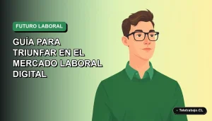 Ilustración plana vectorial de un trabajador digital masculino con suéter verde, sobre fondo degradado azul y verde, representando las profesiones del futuro en Chile.
