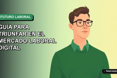 Ilustración plana vectorial de un trabajador digital masculino con suéter verde, sobre fondo degradado azul y verde, representando las profesiones del futuro en Chile.