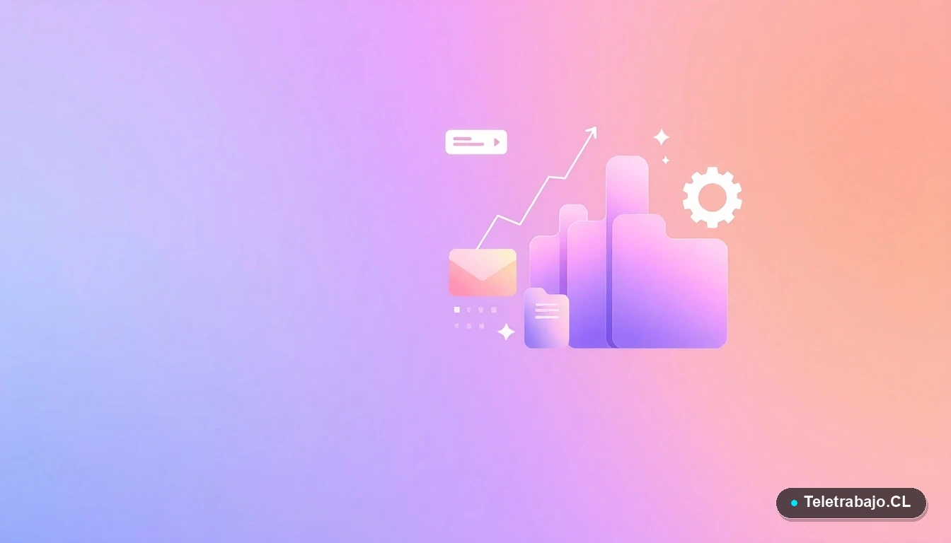 Composición abstracta de interfaz de usuario con gráficos flotantes y engranajes estilizados en colores lavanda y durazno, sobre fondo degradado, concepto de tecnología y mercado laboral digital.