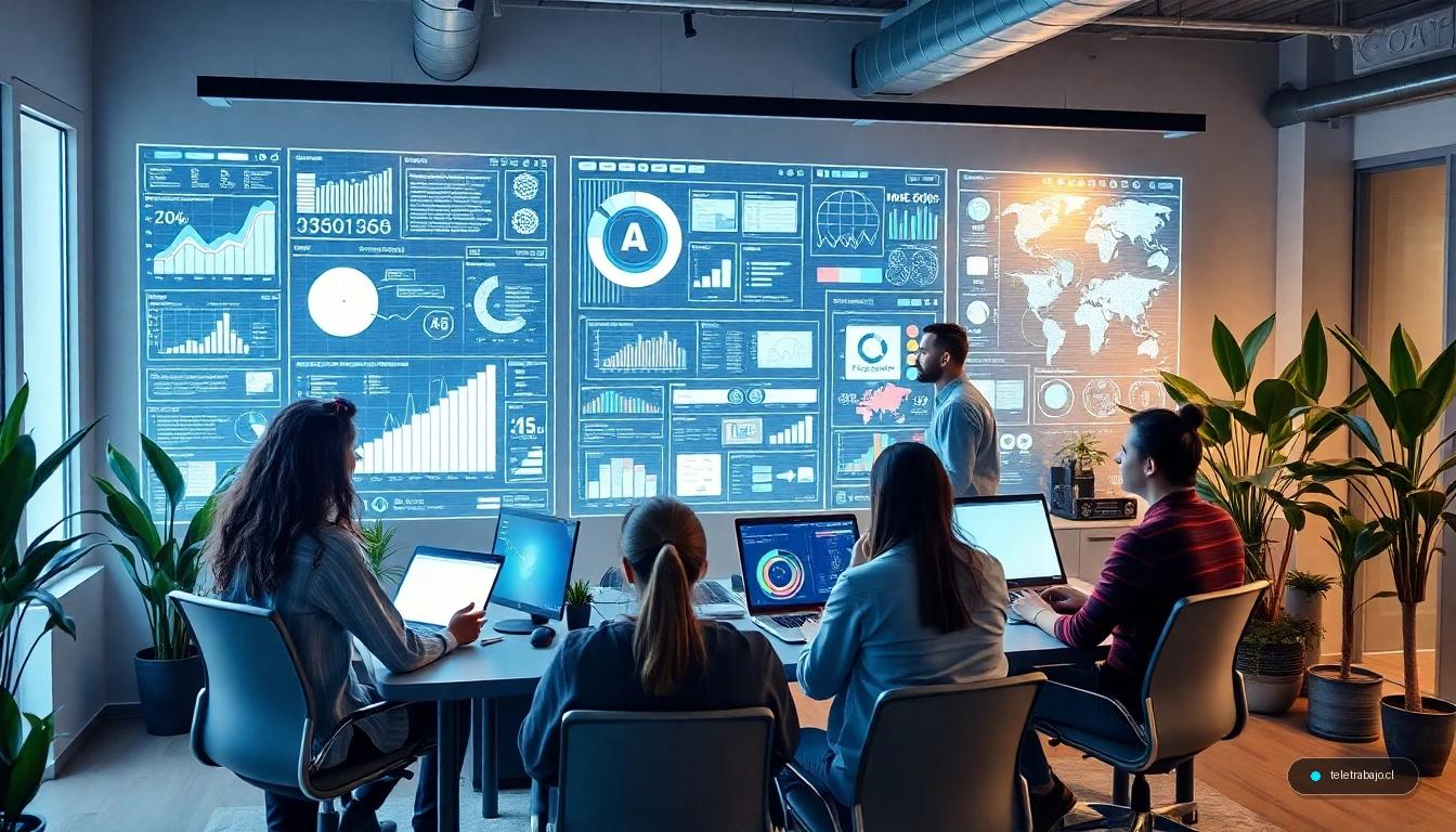 Profesionales del futuro trabajando en un entorno remoto con tecnología avanzada de datos e IA