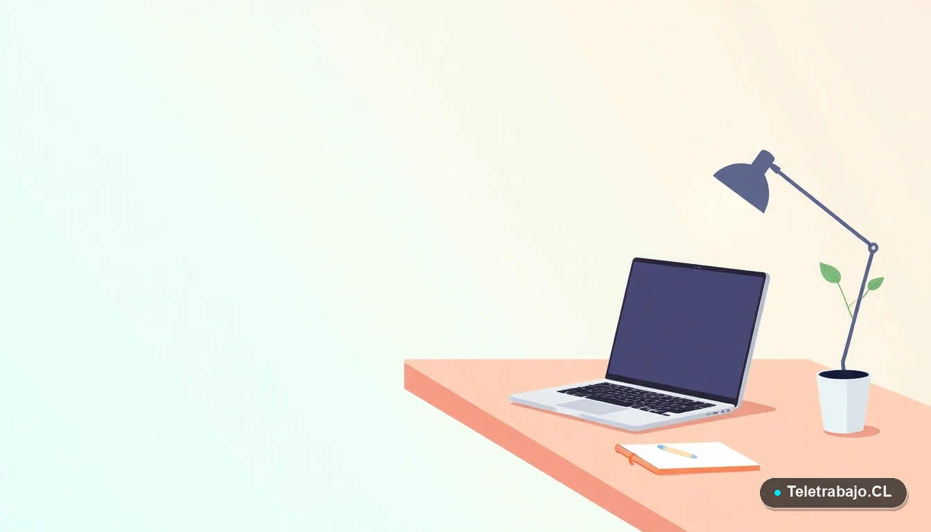 Escritorio moderno vacío con laptop, taza de café y planta, en estilo de ilustración vectorial plana sobre fondo degradado menta, simbolizando trabajos automatizados.