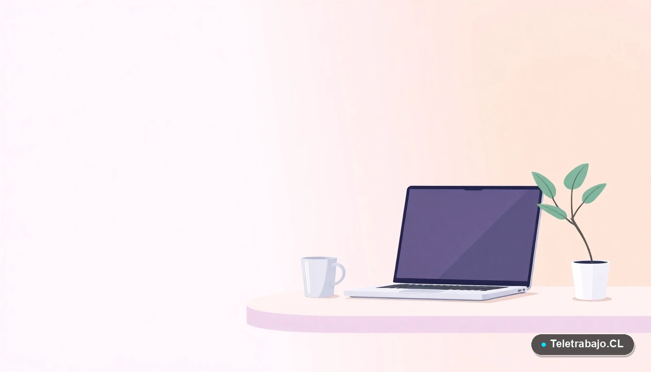 Escritorio moderno minimalista con laptop, planta y taza de café sobre fondo degradado lila y durazno, concepto de espacio de trabajo ideal.