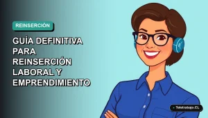 Ilustración vectorial plana de una mujer profesional madura sonriente, con blusa azul y anteojos, sobre fondo degradado verde azulado. Representa el Programa 45+ de Chile para reinserción laboral.