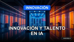 Fotografía arquitectónica de un moderno centro de investigación en inteligencia artificial con luces azules y naranjas, representando el futuro del talento tecnológico.