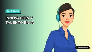 Ilustración vectorial plana de una mujer profesional de tecnología, con blusa azul y pelo corto, mirando hacia la izquierda con fondo gradiente suave azul verdoso. Espacio negativo a la izquierda.