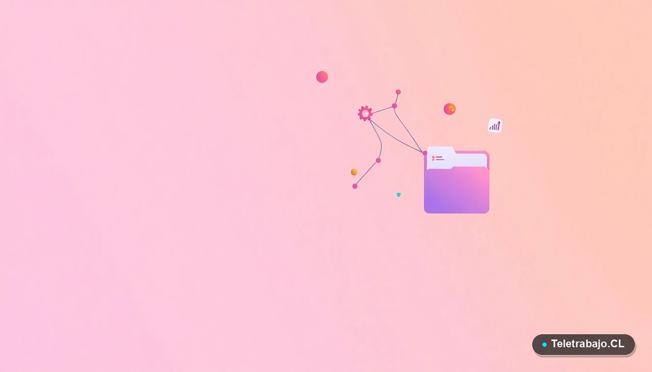Composición abstracta de interfaz de usuario tecnológica con iconos flotantes de gráficos y engranajes en colores lavanda y durazno, sobre fondo gradiente. Estilo vectorial plano moderno.