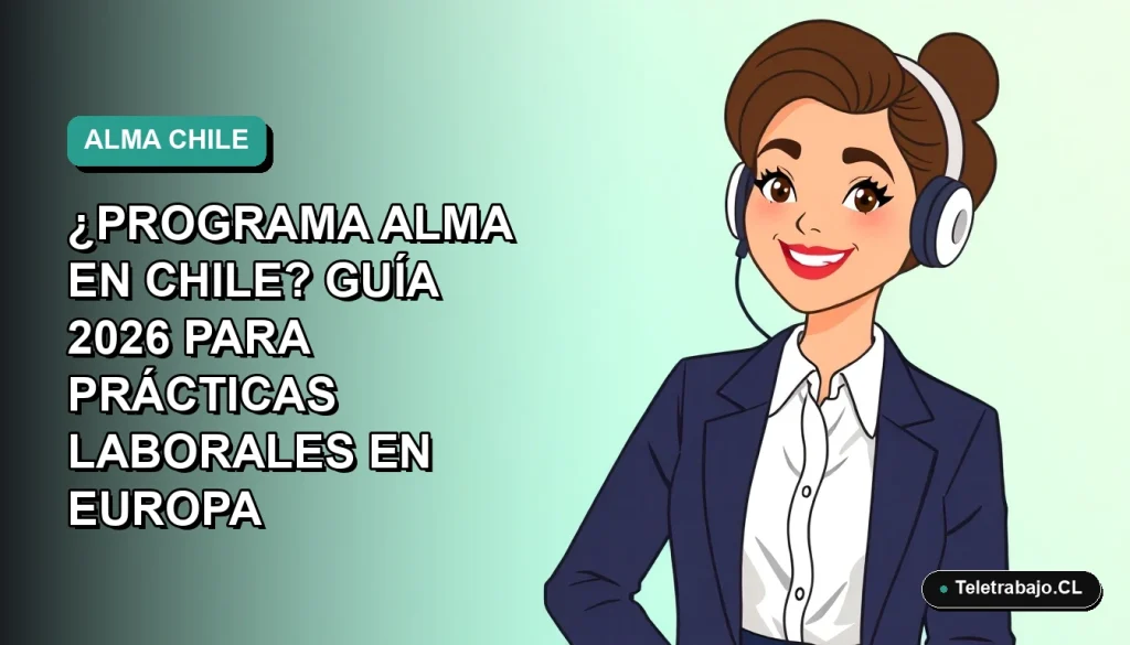 Ilustración plana corporativa de mujer profesional chilena sonriente, con fondo gradiente azul verdoso, representando el programa ALMA para prácticas laborales en Europa.