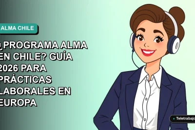 Ilustración plana corporativa de mujer profesional chilena sonriente, con fondo gradiente azul verdoso, representando el programa ALMA para prácticas laborales en Europa.