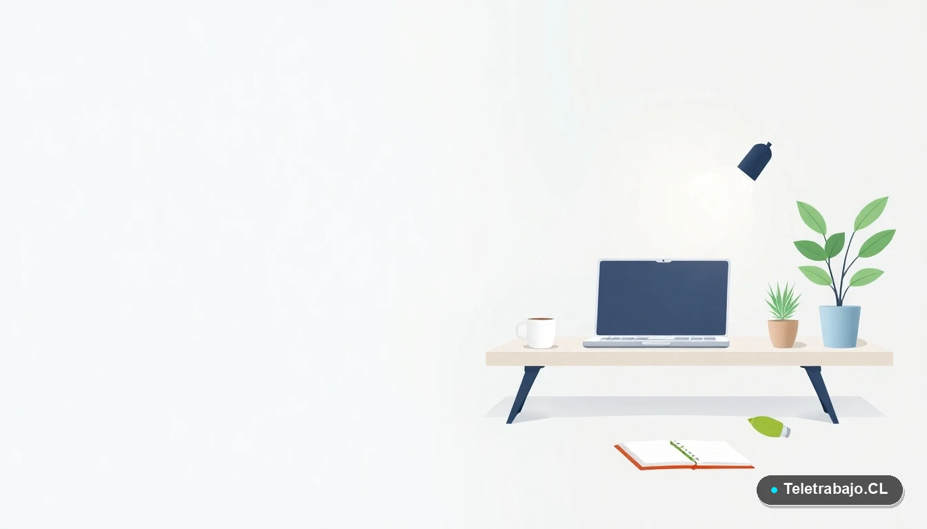 Escritorio moderno minimalista con laptop y planta, ilustración plana con gradientes fríos, concepto de espacio de trabajo para prácticas internacionales del programa ALMA.